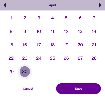 Seasonal picker showing a monthly calendar grid without a year