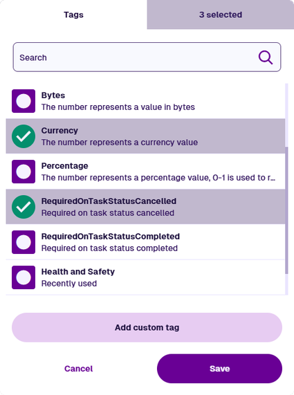 The Tag Manager showing a list of system tags and a recently used custom tag