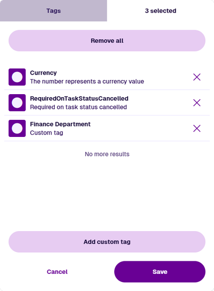 The Tag Manager's selected tags tab, listing the tags currently selected