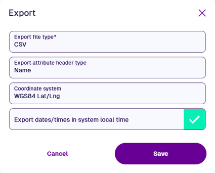 The Export window showing a chosen file type, attribute header type and coordinate system