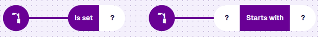 Two root nodes, one connected to an Is set node and the other to a Starts with node, each with empty segments
