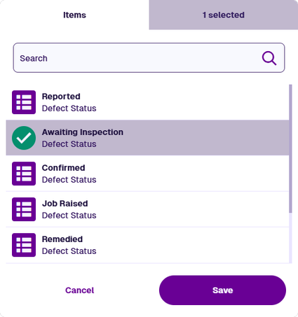 Selecting the Awaiting Inspection status item
