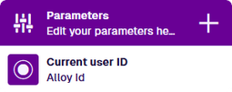 The Parameters panel with a Current user ID parameter, and a plus icon to add another