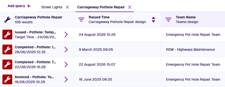 The Data Explorer showing Carriageway Pothole Repair query results with Raised Time and Team Name columns