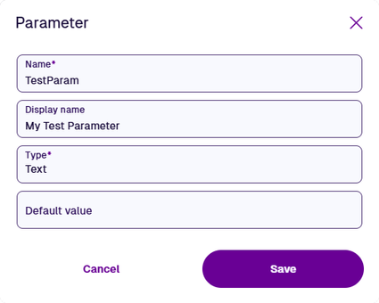 The Parameter window showing the Name, Display name, Type and Default value fields