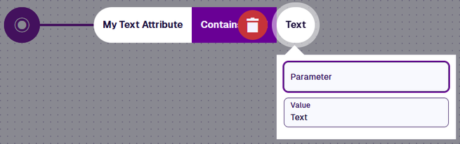 A Contains word node with its Text segment set to use a Parameter