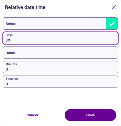 The Relative date time configuration, with Before enabled and an offset of 30 days