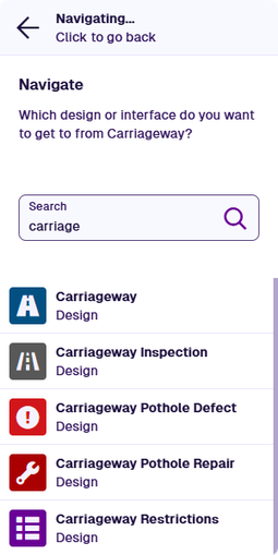 The left-hand list showing all designs/interfaces matching the search term carriage