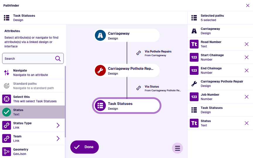 The Pathfinder showing another linked design/interface, with attributes selected