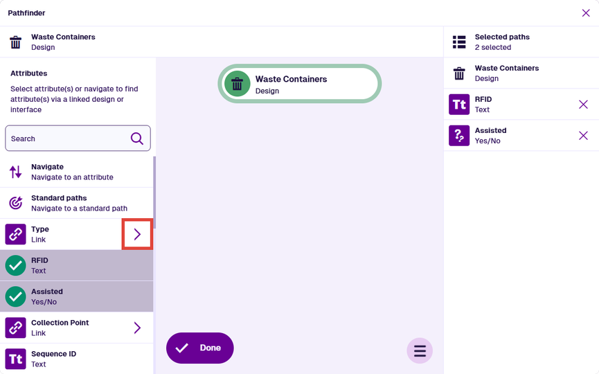 Selecting the arrow beside a Link attribute to step into it