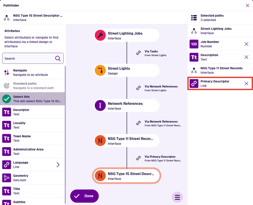 The visualised path to the target attribute, with the Done button highlighted