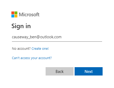 Entering an email address at the Microsoft authentication screen