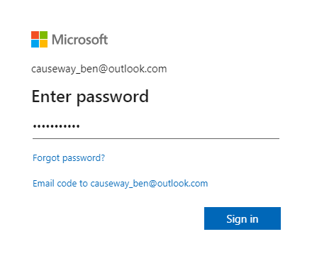Entering a password at the Microsoft authentication screen