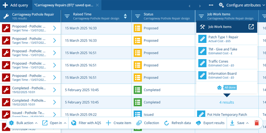 A query in the Data Explorer listing items of the Carriageway Pothole Repairs design and their attribute values