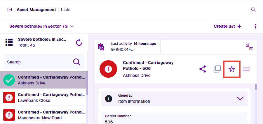 An animation showing the Add To Favourites button in the item header and in the Feature Menu.