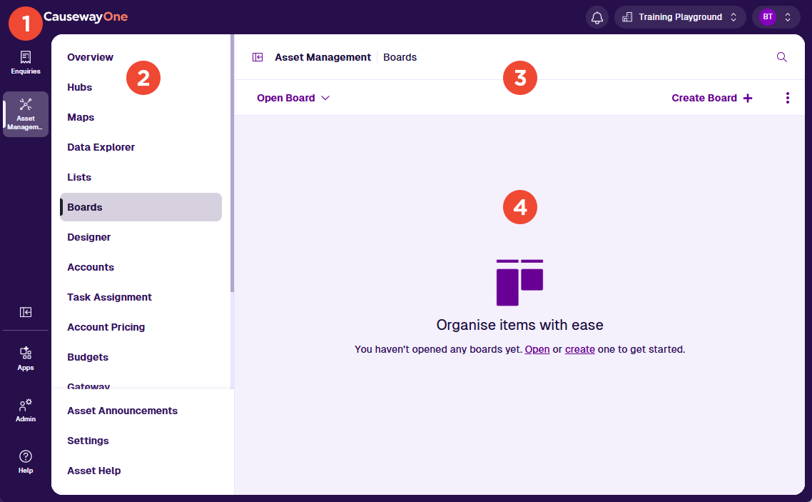 The CausewayOne Asset Management interface with numbered key areas