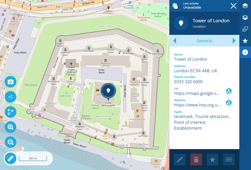 The Tower of London location shown in the Maps app