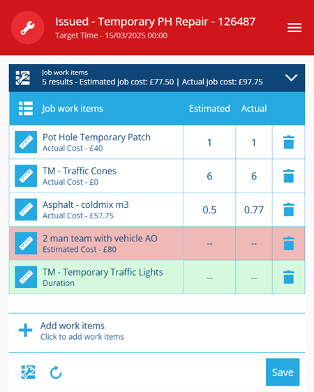 The two added work items appear in the section. One is red, indicating it has required attributes to populate