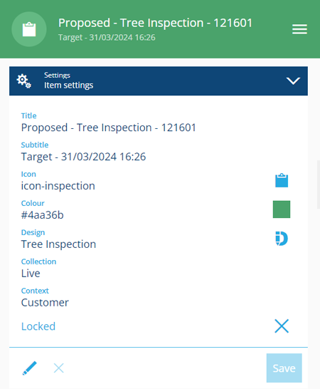 The Settings section of an example item