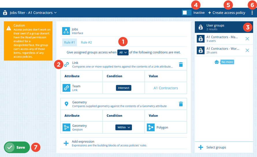 An overview of the Access Policy Builder with key areas numbered