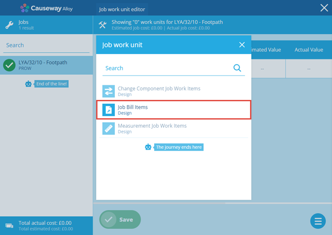 Adding a bill item in the Job Work Unit Editor