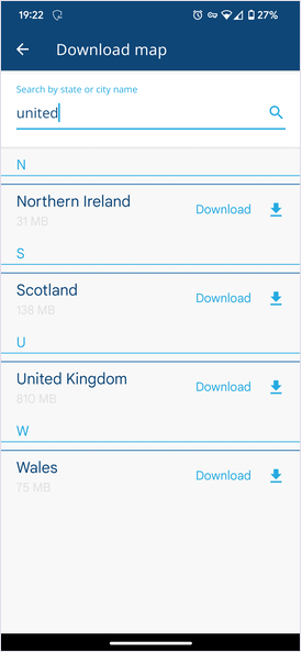 A list of regions in Europe, filtered by a search term