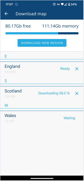 The Offline Maps list with three maps lablled as Ready, Downloading and Waiting